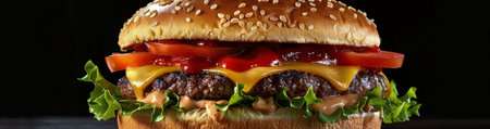 A close-up shot of a classic cheeseburger with tomato, lettuce, and cheese on a sesame seed bun.の素材