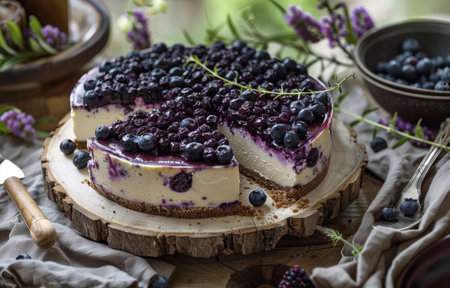A close-up view of a blueberry cheesecake on a wooden board. The cheesecake is topped with fresh blueberries and a slice has been removed.の素材