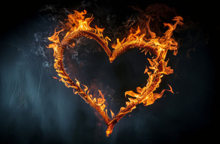 A fiery heart shape is formed by flames against a black background.の素材