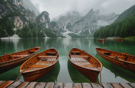 Four wooden boats are docked at a serene mountain lake, surrounded by breathtaking scenery and lush greenery.の素材