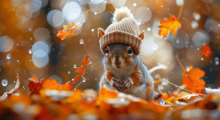 A close-up of a cute squirrel wearing a cozy knit hat, surrounded by fallen autumn leaves.の素材