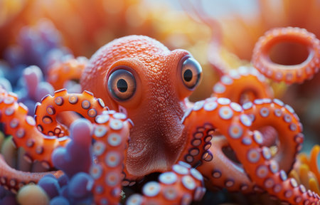 A cartoon octopus with large, expressive eyes, a red body, and purple suckers, is perched on a coral reef.の素材