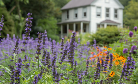 A close-up view of vibrant purple flowers in bloom in a garden, with a white house in the background.の素材