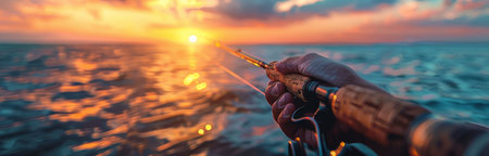 Close-up of a hand holding a fishing rod, with the setting sun casting an orange glow over the ocean waves.の素材