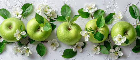 A close-up image of green apples and apple blossoms arranged on a white background.の素材