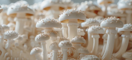 A macro shot of a cluster of white mushrooms, showing their delicate, intricate details.の素材