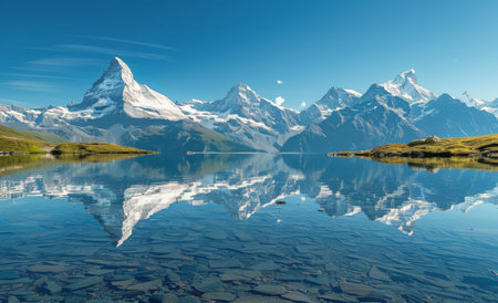 A stunning view of a serene lake reflecting the snow-capped Swiss Alps on a sunny day.の素材