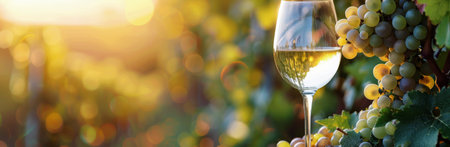 A glass of white wine sits on a table in a vineyard, surrounded by ripe grapes, with the sun setting in the background.の素材