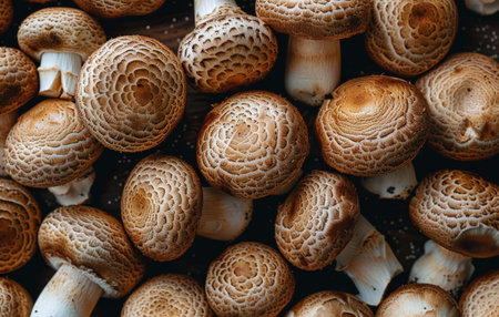 A close-up image of a cluster of brown and white mushrooms with scaly caps.の素材
