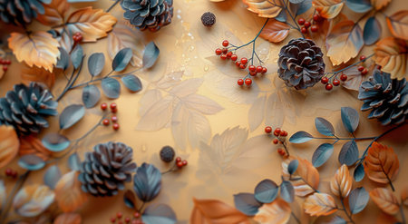 A flat lay image of autumn leaves, pinecones, and berries arranged in a circular shape on a beige background.の素材