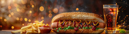 Close up of a hot dog topped with mustard, ketchup, and lettuce, served with French fries and a cold drink.の素材