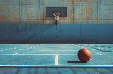 A basketball sits on a blue court with a white line. The shadow of a basketball net can be seen on the court.の素材