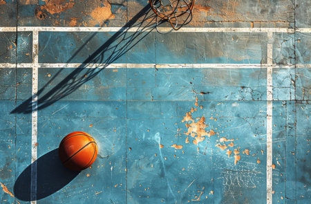 A basketball sits on a blue court with a white line. The shadow of a basketball net can be seen on the court.の素材