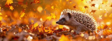 A hedgehog stands on a bed of autumn leaves, the sunlight filtering through the trees behind it.の素材