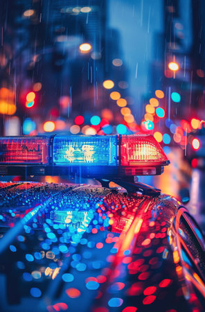 A police car with its lights flashing on a wet city street at night, with a blurred background of tall buildings and traffic.の素材