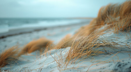 A close-up of seagrass swaying in the wind on a beach with a cloudy sky and the ocean in the background.の素材