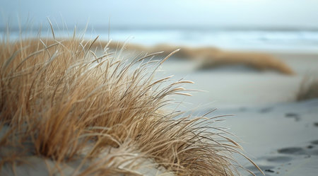 A close-up of seagrass swaying in the wind on a beach with a cloudy sky and the ocean in the background.の素材