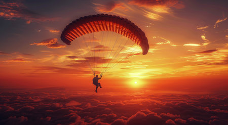 A paraglider flies through the sky as the sun sets, casting an orange glow over the clouds.の素材