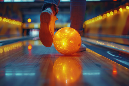 A persons foot is shown bowling a ball down the lane of a bowling alley. The ball is in the foreground, with the pins blurred in the background.の素材