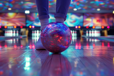 A persons foot is shown bowling a ball down the lane of a bowling alley. The ball is in the foreground, with the pins blurred in the background.の素材