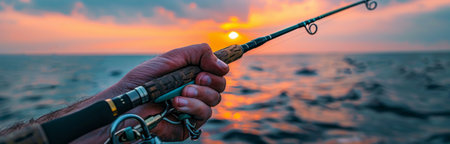 A person holds a fishing rod in their hand, casting a line into the water during a sunset.の素材