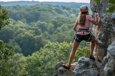 A woman rock climbs up a steep cliff face on a sunny day. She is wearing a helmet and harness, and has a rope attached to her waist.の素材