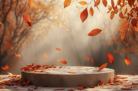 A close-up view of a stone platform surrounded by fallen autumn leaves in a forest setting.の素材