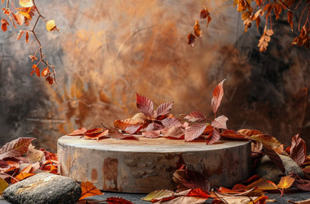 A rustic wooden platform sits among fallen autumn leaves, illuminated by warm sunlight.の素材