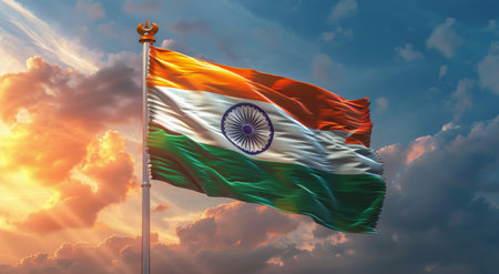 A close-up shot of the Indian flag waving proudly in the wind against a beautiful sunset sky.の素材