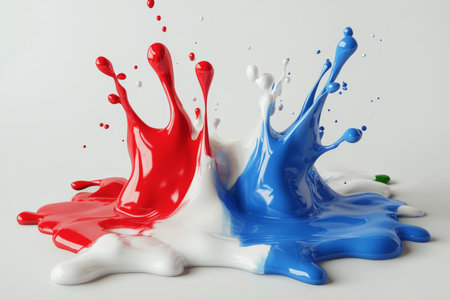 Two vibrant paint splashes in blue and red collide above a swirling white and green surface, creating an eye catching visual. The splashes convey a sense of creativity and excitement.の素材