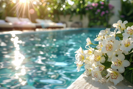 A close-up shot of white flowers resting on the edge of a swimming pool with a sunny, blue sky.の素材
