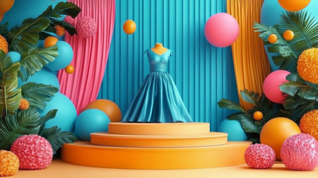The setting showcases a striking blue dress on a mannequin, elegantly positioned on circular steps.の素材