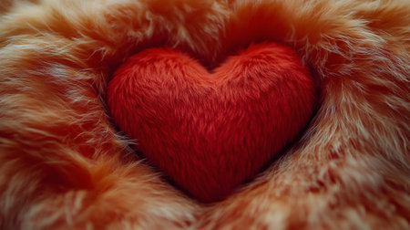 A vibrant red heart shaped object is placed in the center of soft orange fur, creating a warm and inviting atmosphere. This decor is perfect for celebrating love on Valentines Day.の素材