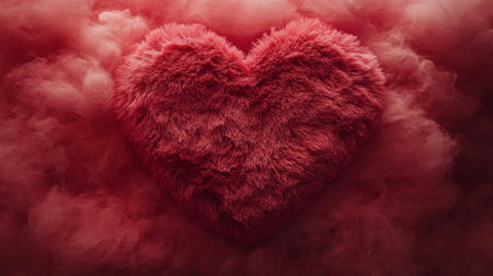 A vibrant red heart shaped object is placed in the center of soft orange fur, creating a warm and inviting atmosphere. This decor is perfect for celebrating love on Valentines Day.の素材