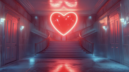 The interior features an elegant stairway leading to an upper level, with warm lighting accentuating a large glowing heart. This enchanting setup evokes romance and warmth.の素材