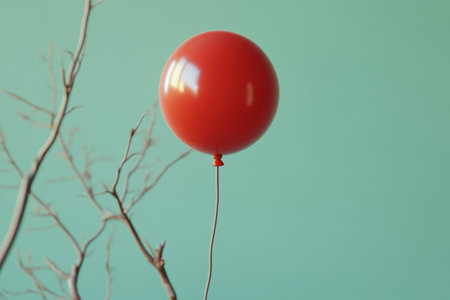 A large red balloon is held upright on a white stick, standing out against a bright green backdrop, creating a cheerful and playful atmosphere typical of festive occasions.の素材
