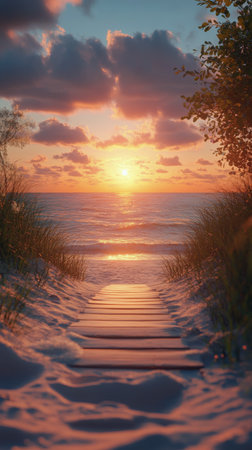 A serene view of a sunset glowing over the ocean as a wooden path invites visitors to the beach. Tall grasses frame the path, capturing the tranquil beauty of the coastal landscape.の素材