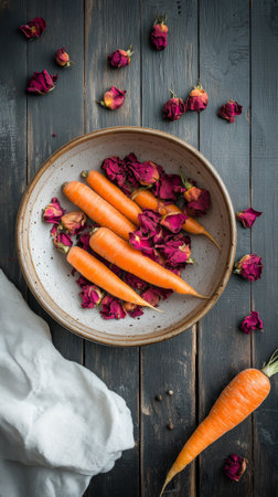 A bowl filled with freshly sliced orange carrots is placed on a wooden surface. Dried purple roses are positioned nearby, adding a touch of color to the simple arrangement.の素材