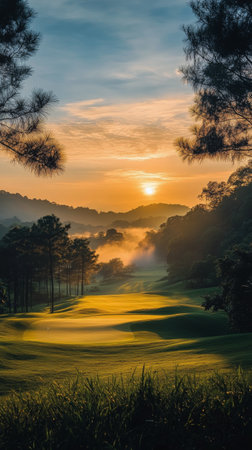The early morning sun casts a warm glow over a peaceful golf course, with rolling hills enveloped in mist. Lush trees line the fairways, creating a serene atmosphere.の素材