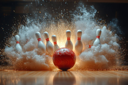 A red bowling ball heads down the lane, creating an explosive burst of sparks as it approaches the white pins in a lively bowling alley. The atmosphere is dynamic and colorful.の素材