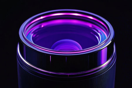 A detailed close up reveals a camera lens with intricate patterns illuminated by striking purple light. The lens highlights its textured surface and reflective properties, creating an artistic effect.の素材