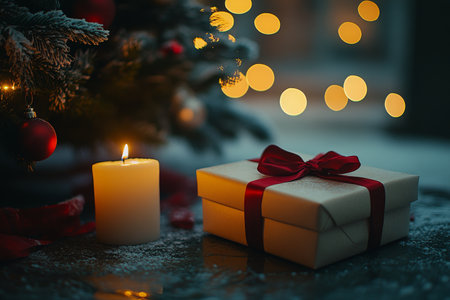 A carefully wrapped gift with a red ribbon sits on a table, next to a glowing candle and festive decorations from a Christmas tree, creating a cozy holiday atmosphere.の素材