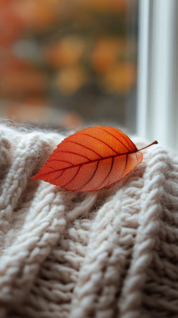 A vibrant orange leaf lies on soft cream colored knitted fabric, capturing the essence of autumn. The contrast of textures highlights the beauty of nature against cozy materials.の素材