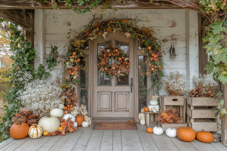 The inviting entrance showcases a beautifully decorated door adorned with a fall wreath and surrounded by pumpkins, flowers, and rustic wooden crates filled with seasonal decor.の素材