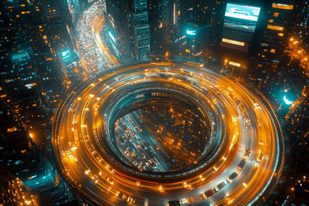 An aerial perspective captures a circular highway bustling with vehicles, illuminated by city lights at night. The busy scene showcases the energy of urban life and movement.の素材