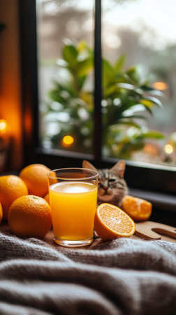 A vibrant cocktail sits on a wooden table, surrounded by fresh oranges. Sunlight streams through a window, illuminating the drink and highlighting its refreshing qualities.の素材