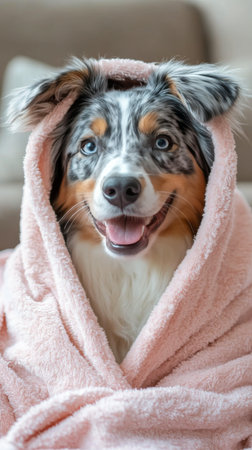 A cheerful dog with unique markings is wrapped in a soft pink blanket, sitting comfortably on a couch. The atmosphere is warm and inviting, perfect for relaxation.の素材