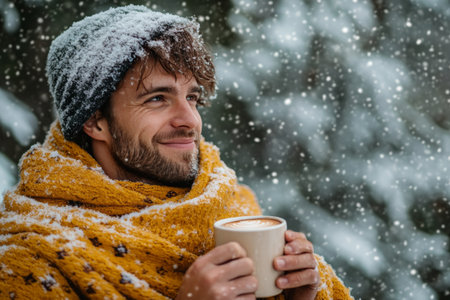 A man bundled in a cozy yellow blanket holds a warm drink while enjoying the snowfall around him. He looks contemplative and relaxed amidst the serene winter landscape covered in snow.の素材