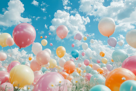 A variety of pastel balloons are drifting in a clear blue sky, creating a cheerful and festive atmosphere. The soft clouds enhance the joyful setting of a sunny day.の素材