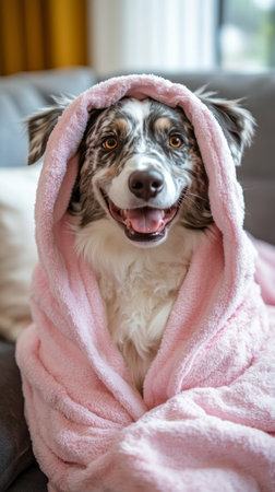 A cheerful dog with unique markings is wrapped in a soft pink blanket, sitting comfortably on a couch. The atmosphere is warm and inviting, perfect for relaxation.の素材